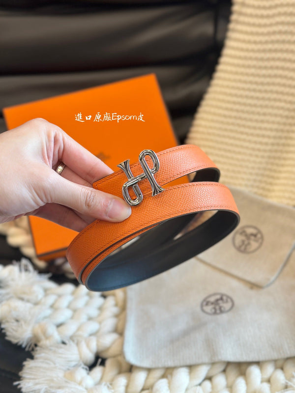 H COR BAROQUE BELT 24MM SILVER BUCKLE & REVERSIBLE ORANGE AND BLACK LEATHER