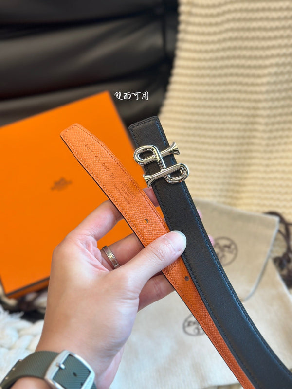 H COR BAROQUE BELT 24MM SILVER BUCKLE & REVERSIBLE ORANGE AND BLACK LEATHER