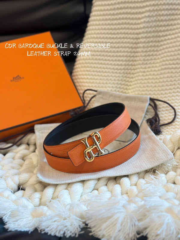 H COR BAROQUE BELT 24MM GOLD BUCKLE & REVERSIBLE ORANGE AND BLACK LEATHER