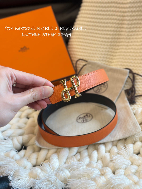 H COR BAROQUE BELT 24MM GOLD BUCKLE & REVERSIBLE ORANGE AND BLACK LEATHER