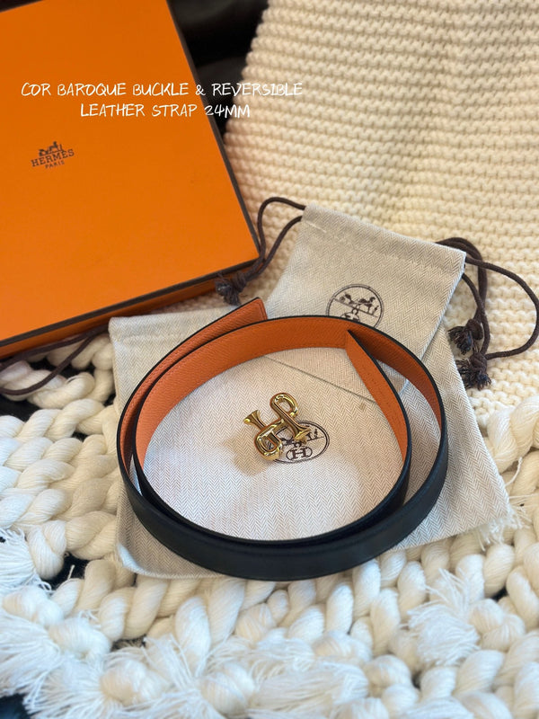 H COR BAROQUE BELT 24MM GOLD BUCKLE & REVERSIBLE ORANGE AND BLACK LEATHER