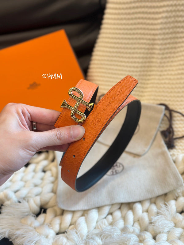 H COR BAROQUE BELT 24MM GOLD BUCKLE & REVERSIBLE ORANGE AND BLACK LEATHER