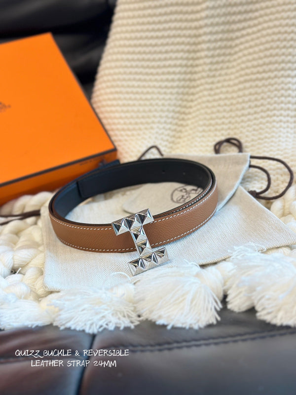 H QUIZZ PARTY BELT 24MM SILVER BUCKLE & REVERSIBLE BROWN AND BLACK LEATHER