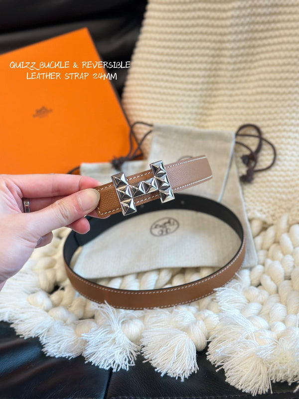 H QUIZZ PARTY BELT 24MM SILVER BUCKLE & REVERSIBLE BROWN AND BLACK LEATHER