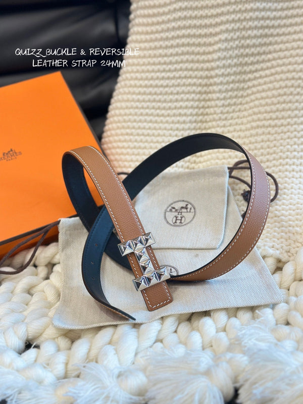 H QUIZZ PARTY BELT 24MM SILVER BUCKLE & REVERSIBLE BROWN AND BLACK LEATHER