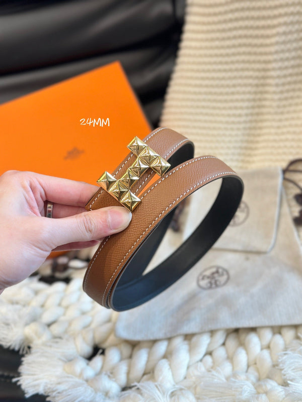 H QUIZZ PARTY BELT 24MM GOLD BUCKLE & REVERSIBLE BROWN AND BLACK LEATHER