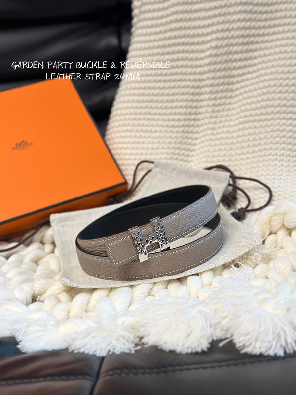 H GARDEN PARTY BELT 24MM SILVER BUCKLE & REVERSIBLE GRAY AND BLACK LEATHER