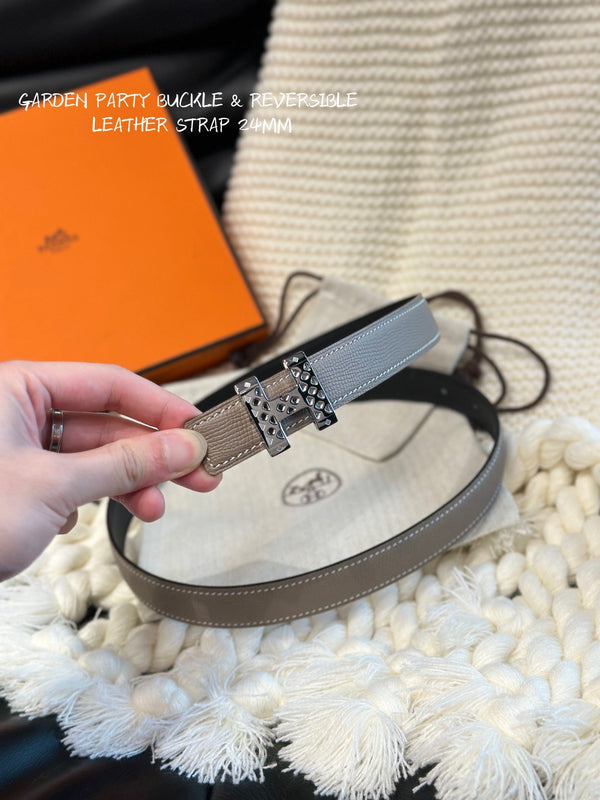 H GARDEN PARTY BELT 24MM SILVER BUCKLE & REVERSIBLE GRAY AND BLACK LEATHER