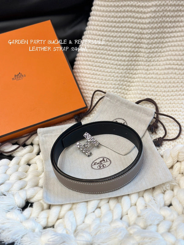 H GARDEN PARTY BELT 24MM SILVER BUCKLE & REVERSIBLE GRAY AND BLACK LEATHER