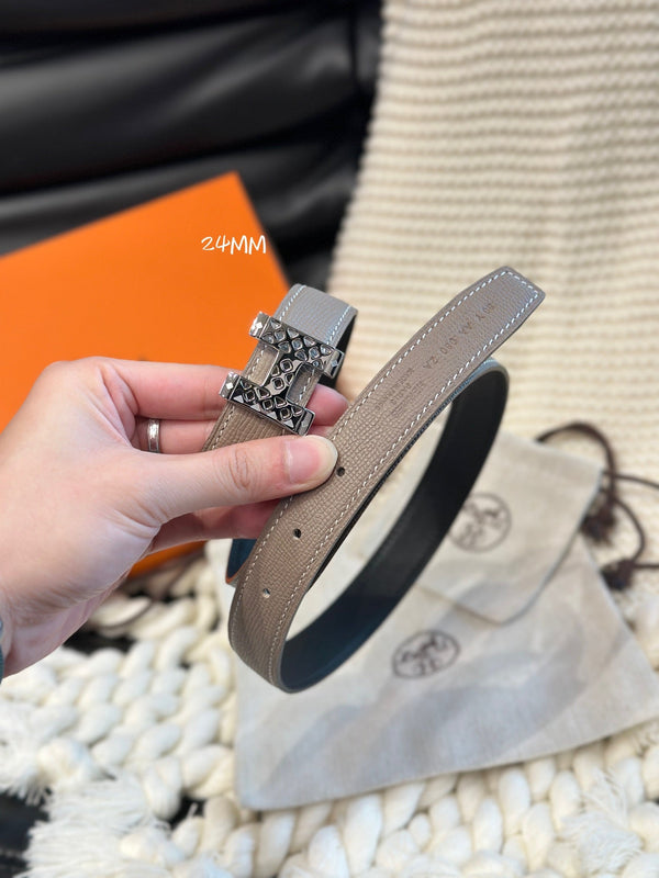 H GARDEN PARTY BELT 24MM SILVER BUCKLE & REVERSIBLE GRAY AND BLACK LEATHER