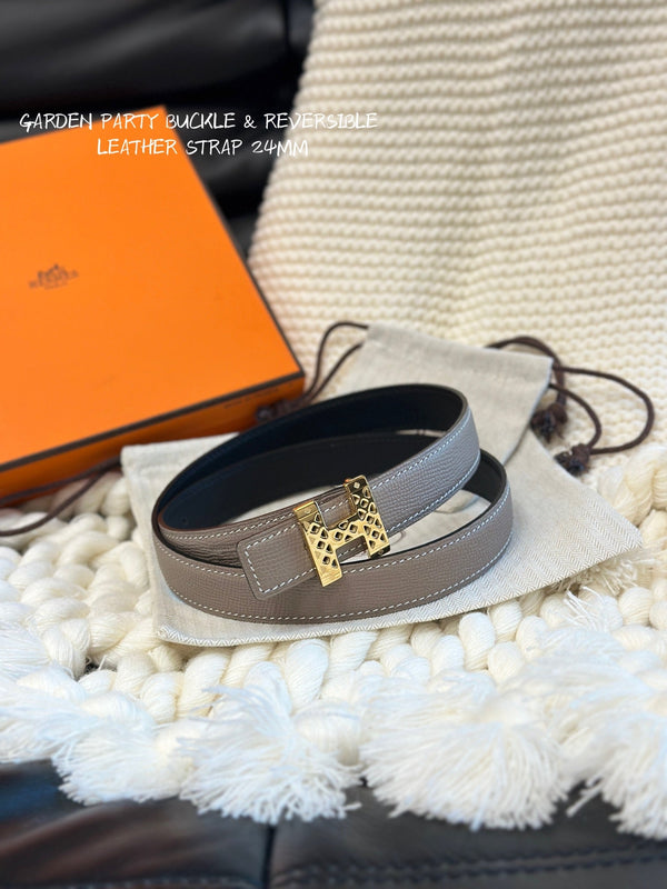 H GARDEN PARTY BELT 24MM GOLD BUCKLE & REVERSIBLE GRAY AND BLACK LEATHER