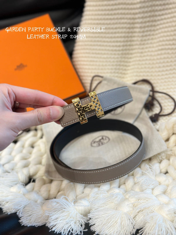 H GARDEN PARTY BELT 24MM GOLD BUCKLE & REVERSIBLE GRAY AND BLACK LEATHER