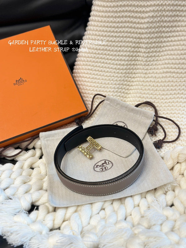 H GARDEN PARTY BELT 24MM GOLD BUCKLE & REVERSIBLE GRAY AND BLACK LEATHER