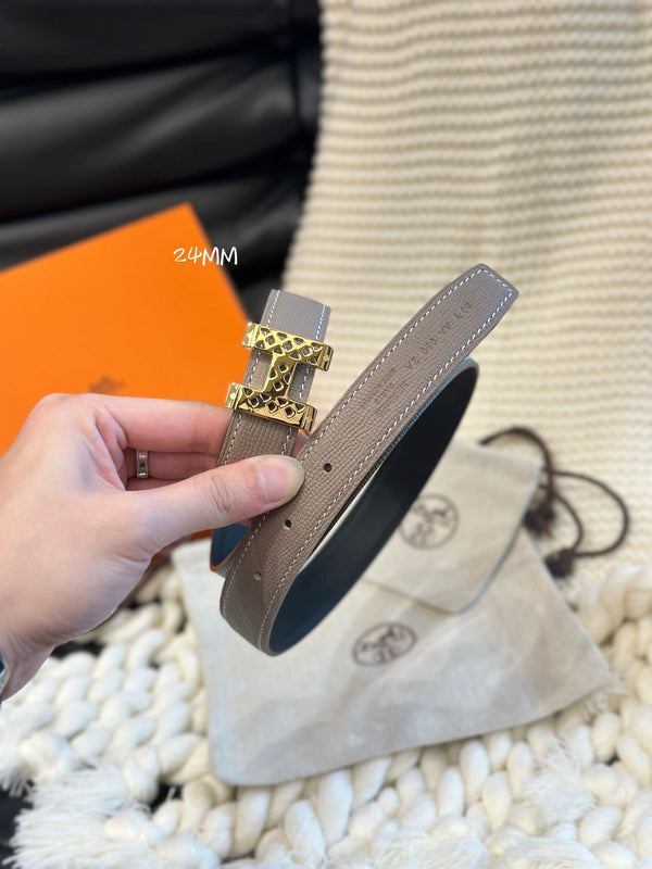 H GARDEN PARTY BELT 24MM GOLD BUCKLE & REVERSIBLE GRAY AND BLACK LEATHER