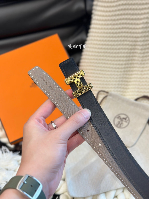 H GARDEN PARTY BELT 24MM GOLD BUCKLE & REVERSIBLE GRAY AND BLACK LEATHER