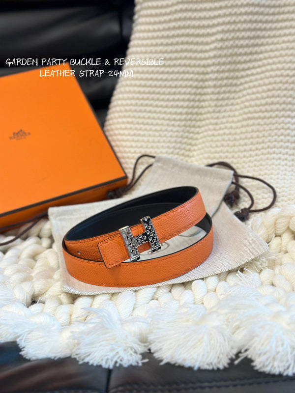 H GARDEN PARTY BELT 24MM SILVER BUCKLE & REVERSIBLE ORANGE AND BLACK LEATHER