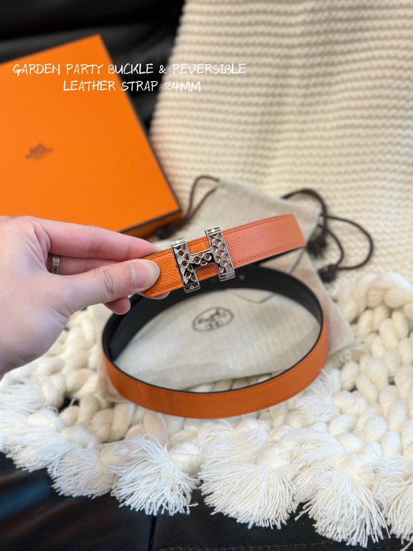 H GARDEN PARTY BELT 24MM SILVER BUCKLE & REVERSIBLE ORANGE AND BLACK LEATHER