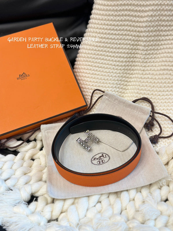 H GARDEN PARTY BELT 24MM SILVER BUCKLE & REVERSIBLE ORANGE AND BLACK LEATHER
