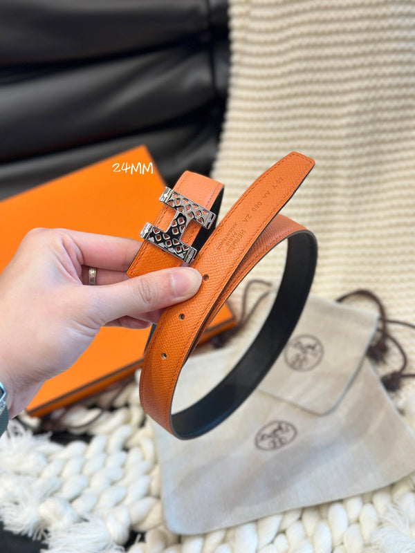 H GARDEN PARTY BELT 24MM SILVER BUCKLE & REVERSIBLE ORANGE AND BLACK LEATHER