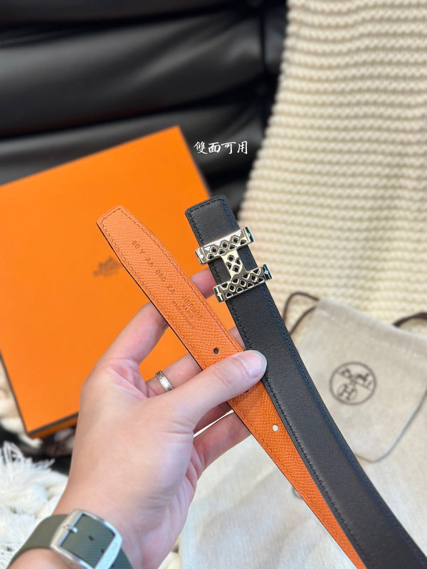 H GARDEN PARTY BELT 24MM SILVER BUCKLE & REVERSIBLE ORANGE AND BLACK LEATHER