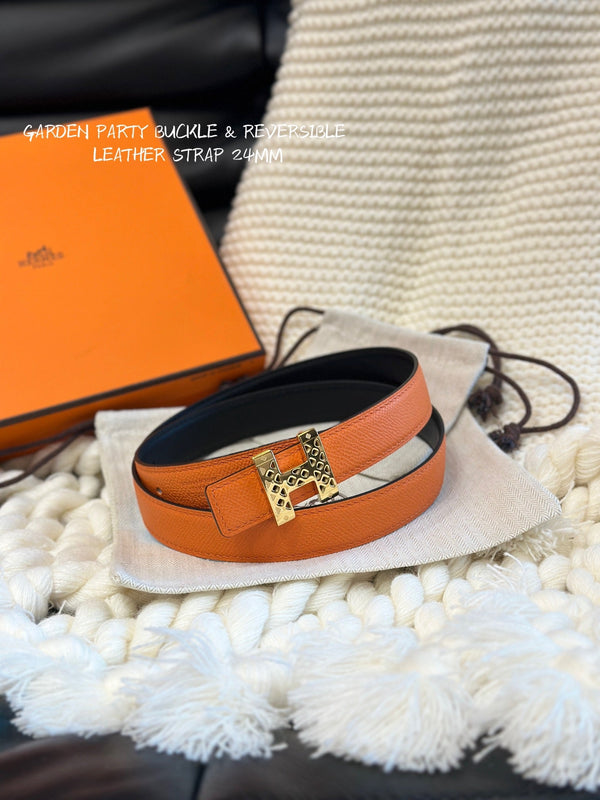 H GARDEN PARTY BELT 24MM GOLD BUCKLE & REVERSIBLE ORANGE AND BLACK LEATHER