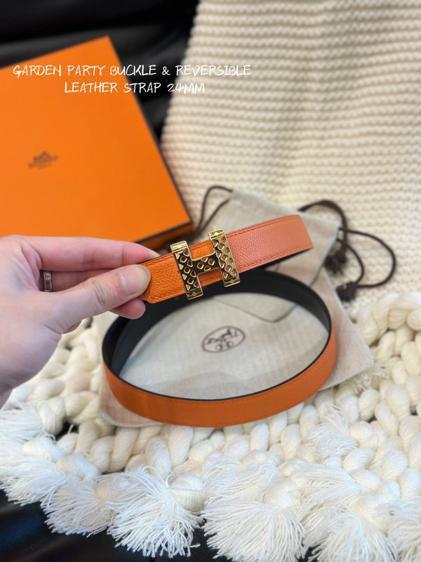 H GARDEN PARTY BELT 24MM GOLD BUCKLE & REVERSIBLE ORANGE AND BLACK LEATHER