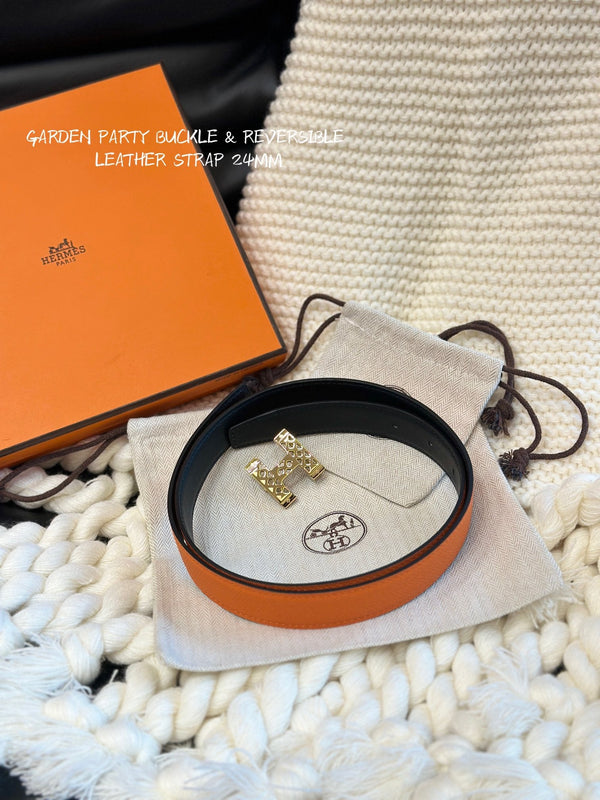 H GARDEN PARTY BELT 24MM GOLD BUCKLE & REVERSIBLE ORANGE AND BLACK LEATHER