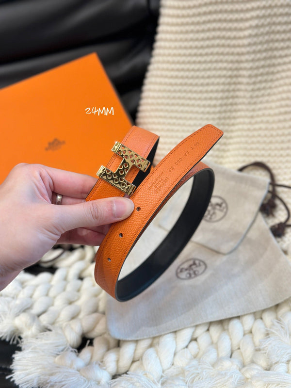 H GARDEN PARTY BELT 24MM GOLD BUCKLE & REVERSIBLE ORANGE AND BLACK LEATHER