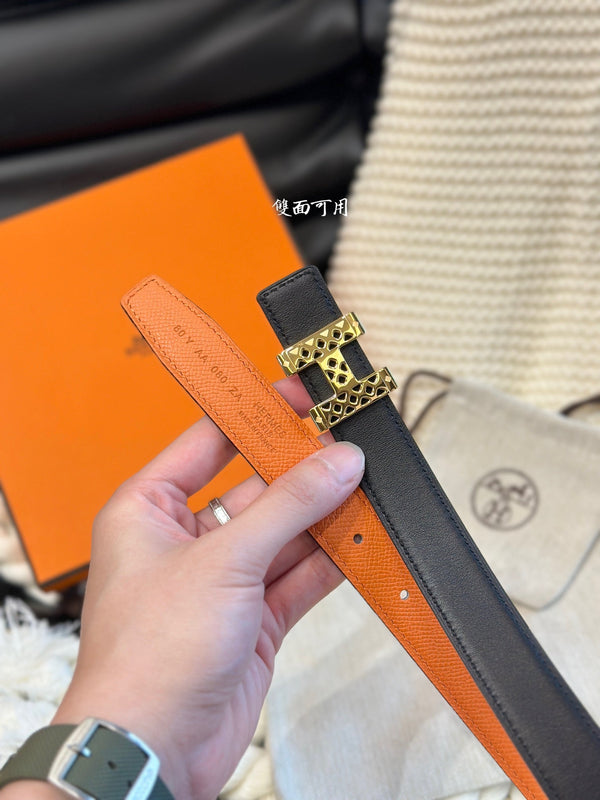H GARDEN PARTY BELT 24MM GOLD BUCKLE & REVERSIBLE ORANGE AND BLACK LEATHER