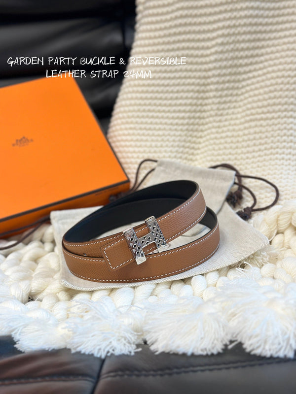 H GARDEN PARTY BELT 24MM SILVER BUCKLE & REVERSIBLE BROWN AND BLACK LEATHER