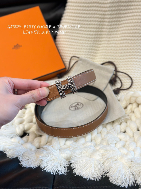 H GARDEN PARTY BELT 24MM SILVER BUCKLE & REVERSIBLE BROWN AND BLACK LEATHER