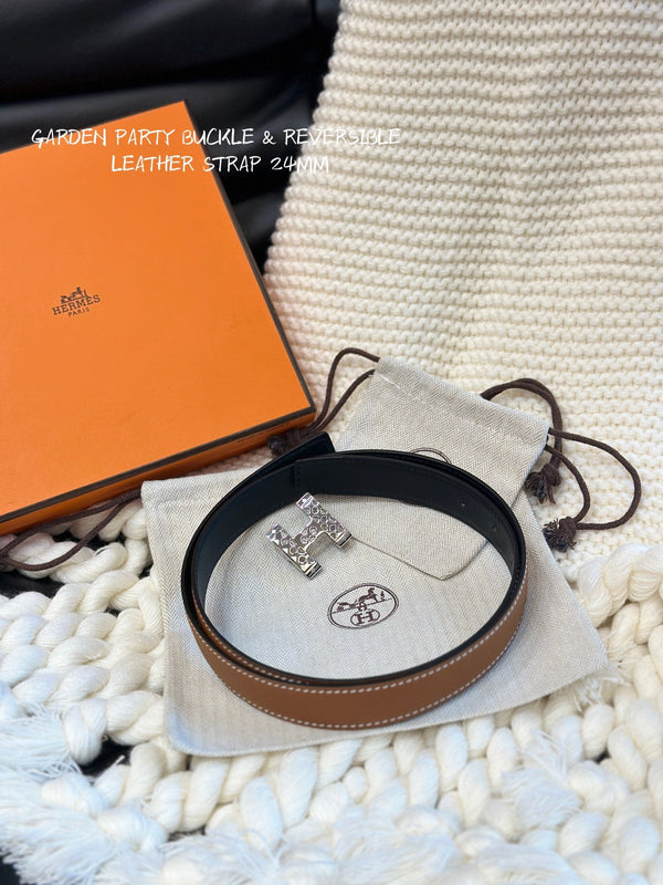 H GARDEN PARTY BELT 24MM SILVER BUCKLE & REVERSIBLE BROWN AND BLACK LEATHER