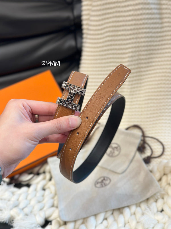 H GARDEN PARTY BELT 24MM SILVER BUCKLE & REVERSIBLE BROWN AND BLACK LEATHER