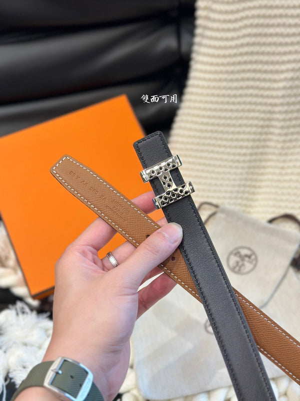 H GARDEN PARTY BELT 24MM SILVER BUCKLE & REVERSIBLE BROWN AND BLACK LEATHER