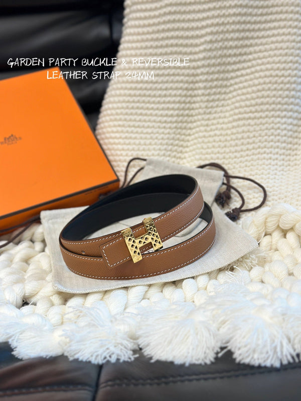 H GARDEN PARTY BELT 24MM GOLD BUCKLE & REVERSIBLE BROWN AND BLACK LEATHER