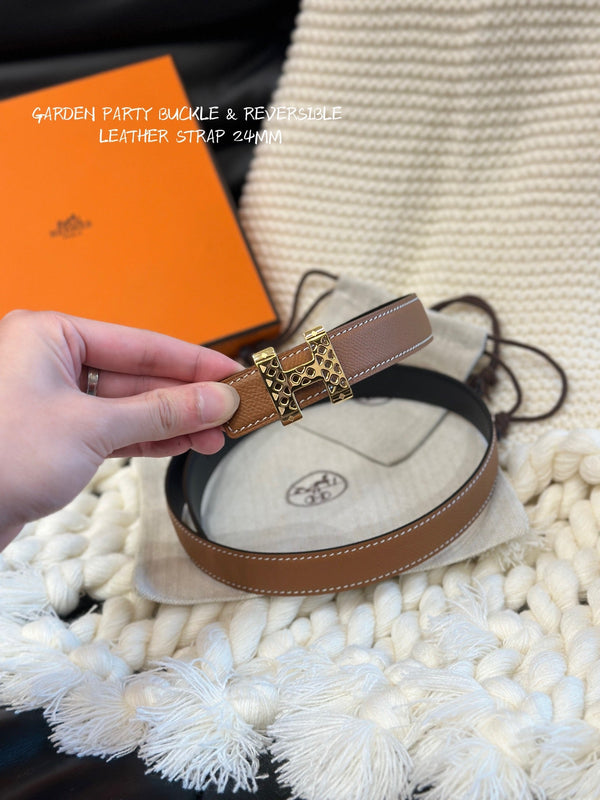 H GARDEN PARTY BELT 24MM GOLD BUCKLE & REVERSIBLE BROWN AND BLACK LEATHER