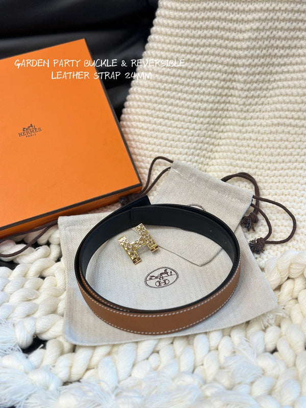 H GARDEN PARTY BELT 24MM GOLD BUCKLE & REVERSIBLE BROWN AND BLACK LEATHER