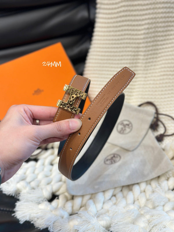 H GARDEN PARTY BELT 24MM GOLD BUCKLE & REVERSIBLE BROWN AND BLACK LEATHER