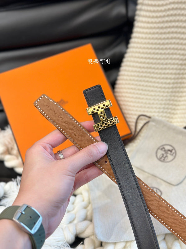 H GARDEN PARTY BELT 24MM GOLD BUCKLE & REVERSIBLE BROWN AND BLACK LEATHER