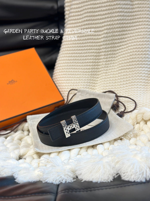 CINTURA H GARDEN PARTY 24MM FIBBIA ARGENTO E PELLE NERA REVERSIBILE