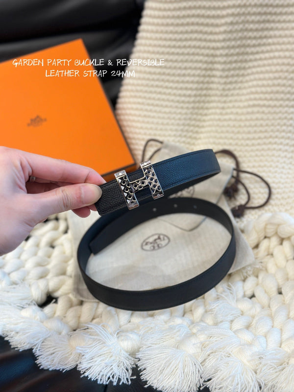 CINTURA H GARDEN PARTY 24MM FIBBIA ARGENTO E PELLE NERA REVERSIBILE