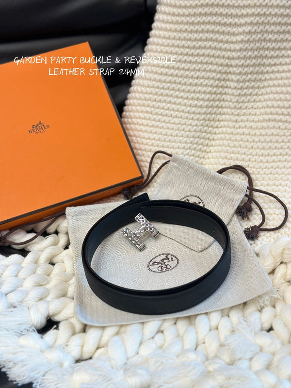 CINTURA H GARDEN PARTY 24MM FIBBIA ARGENTO E PELLE NERA REVERSIBILE