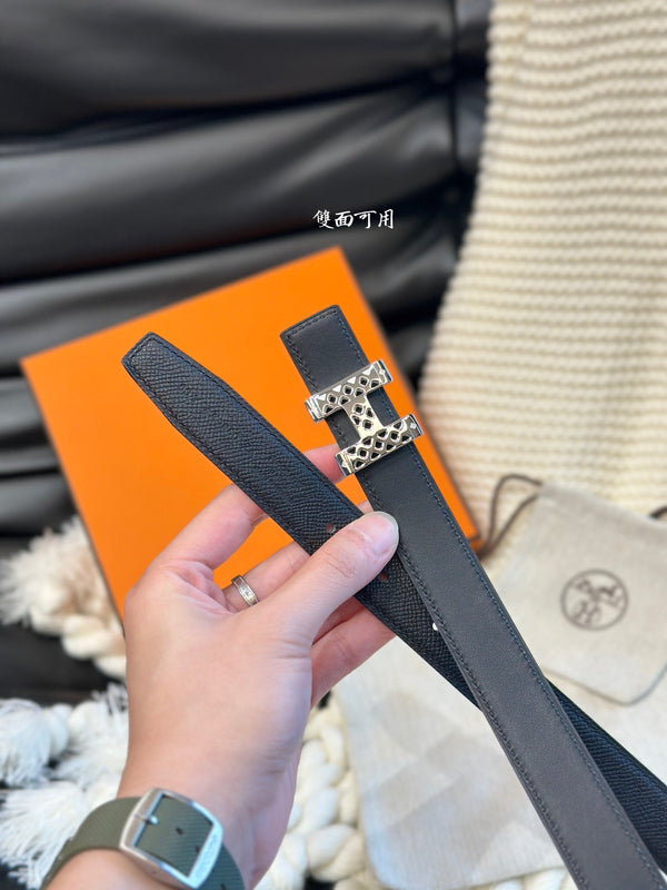 CINTURA H GARDEN PARTY 24MM FIBBIA ARGENTO E PELLE NERA REVERSIBILE