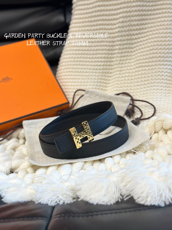 CINTURA H GARDEN PARTY 24MM FIBBIA ORO E PELLE NERA REVERSIBILE