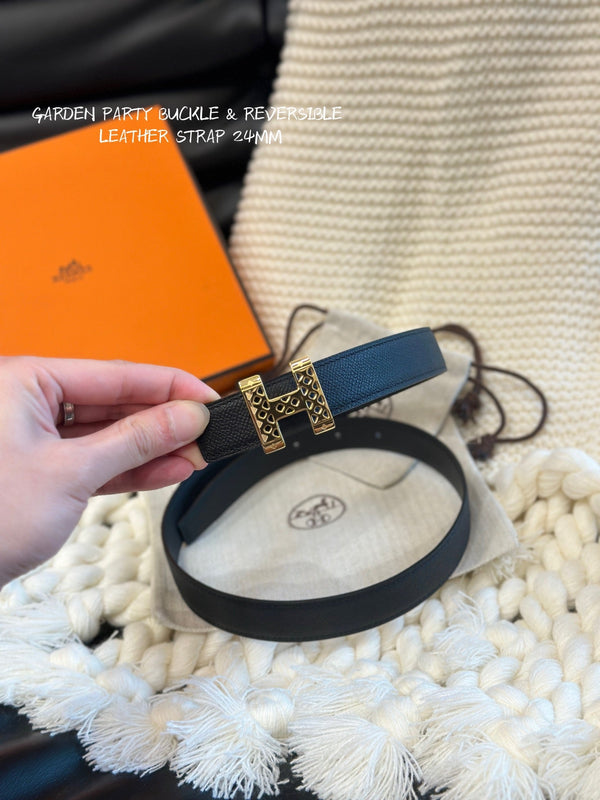 CINTURA H GARDEN PARTY 24MM FIBBIA ORO E PELLE NERA REVERSIBILE