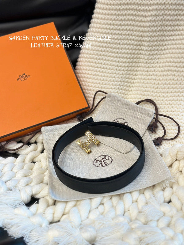 CINTURA H GARDEN PARTY 24MM FIBBIA ORO E PELLE NERA REVERSIBILE