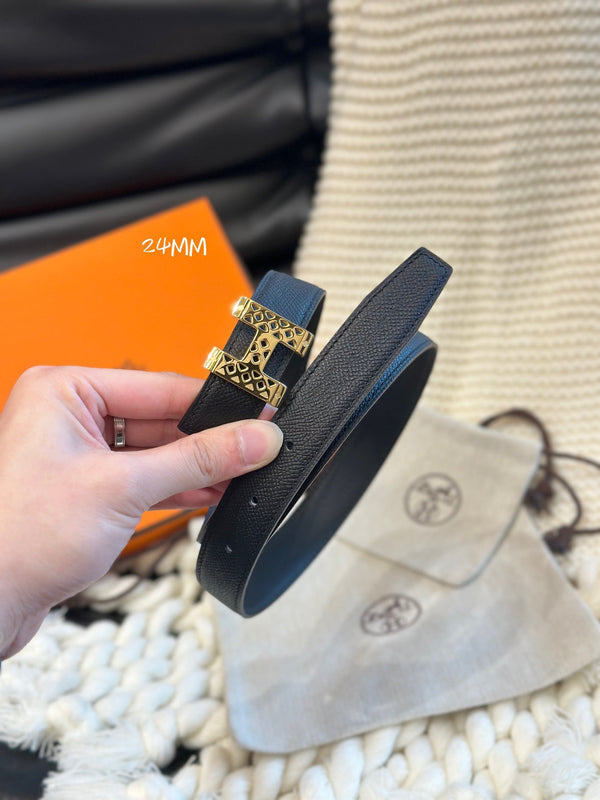 CINTURA H GARDEN PARTY 24MM FIBBIA ORO E PELLE NERA REVERSIBILE