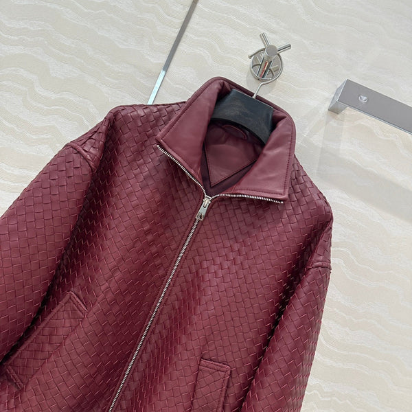BV Double-Zip Baseball Jacket in Burgundy Lambskin