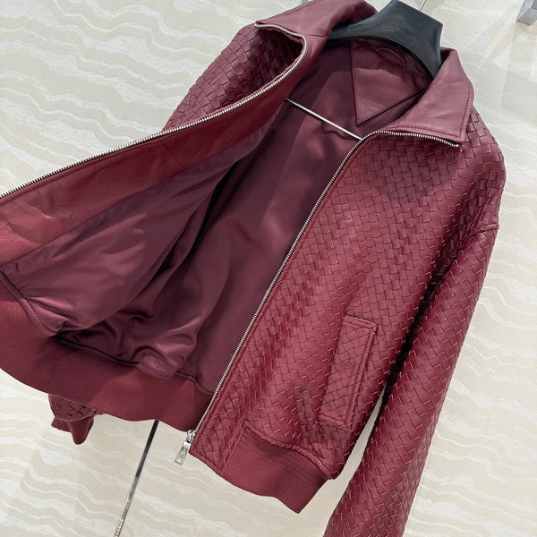 BV Double-Zip Baseball Jacket in Burgundy Lambskin
