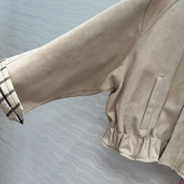 Giacca con cerniera sul collo nera BV in pelle scamosciata di agnello beige